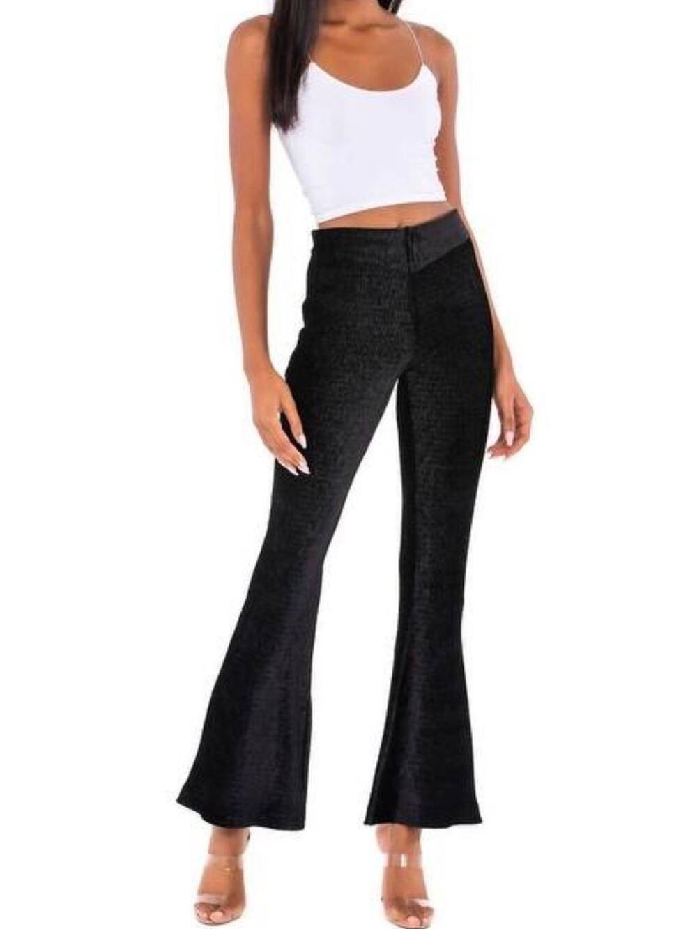 Free People So Charming Textured Black Velour Flare Stretch Pants XS